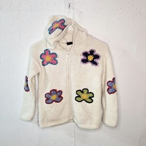Handmade Native Cream Knit Floral Kids Hoodie with Front Zip